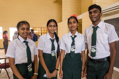Four of the students enrolled in the newly commissioned Sixth Form class in Region Two. From left are: Aliyah Doodnauth, Tiffany Boodram, Romesha Afisa Ali, and Mark Anthony Singh