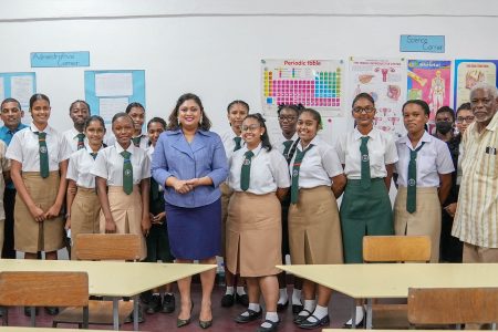 Minister of Education Priya Manickchand poses with students and teachers at the launch of the CAPE programme at the West Demerara Secondary School (MoE photo)