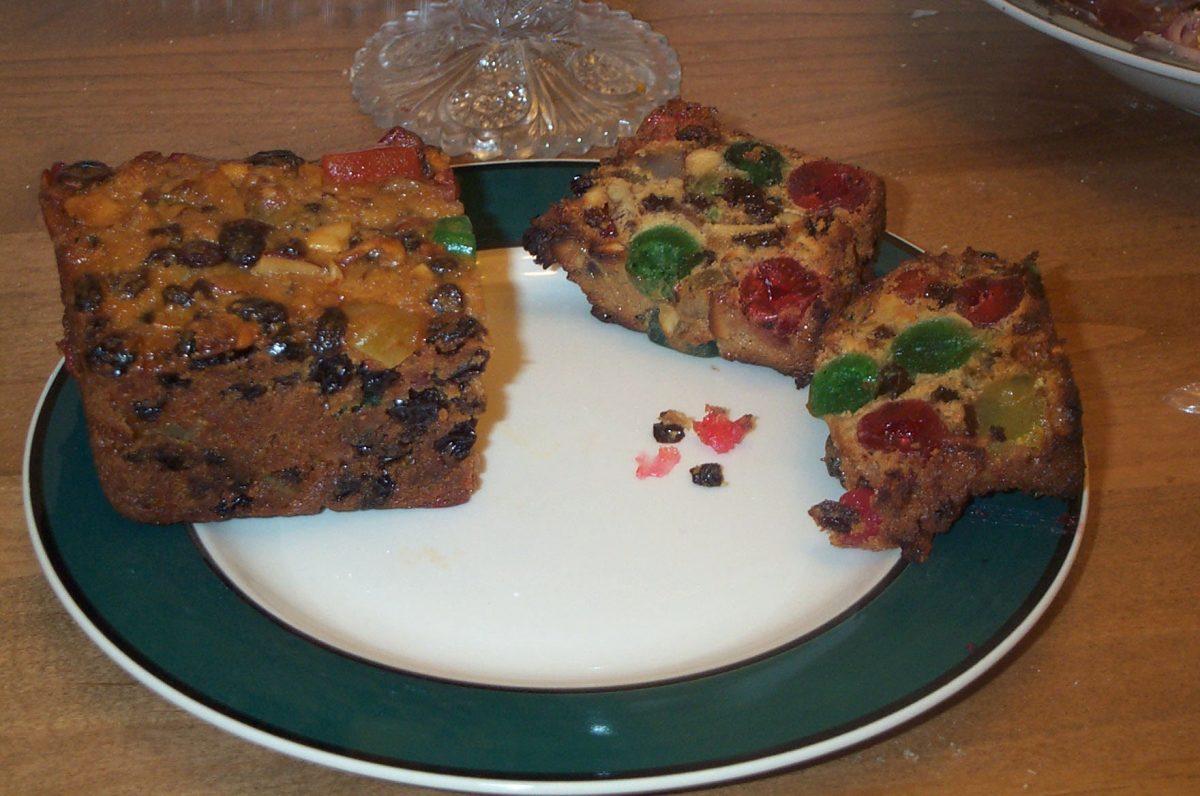A traditional American fruitcake with fruit and nuts