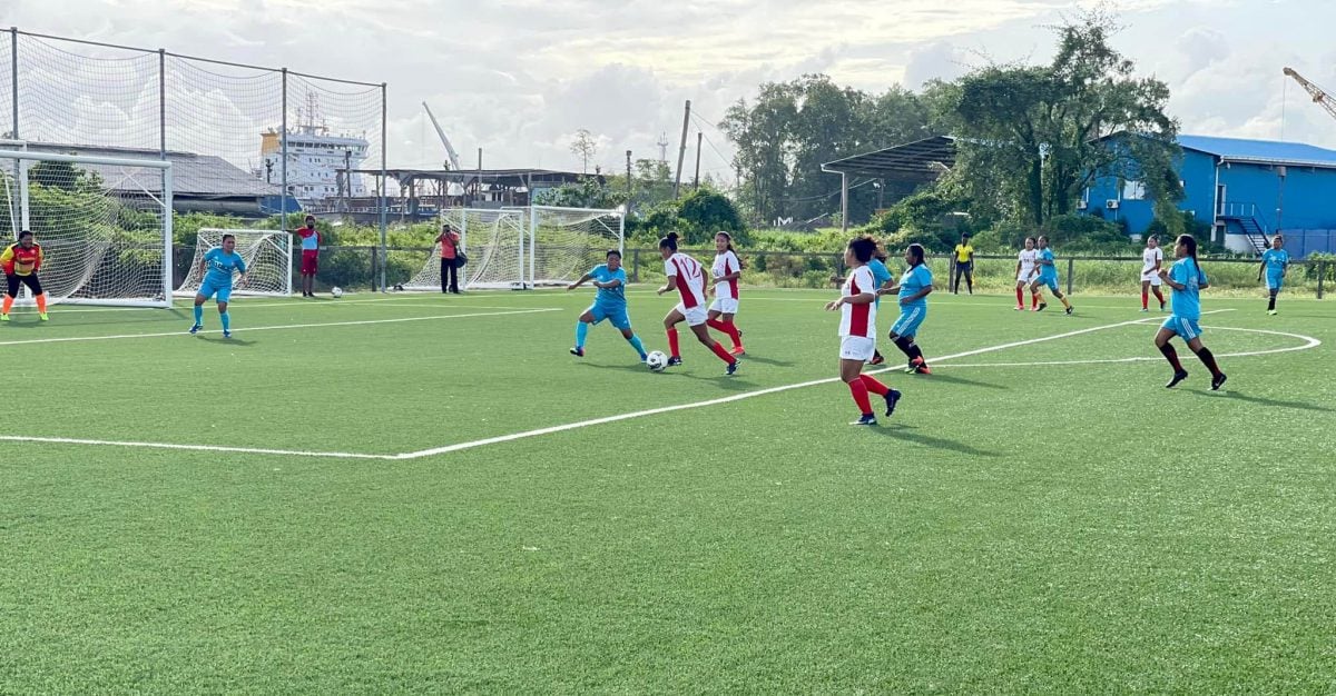 Annalisa Vincent (#12) of GT Panthers on the attack against Mahdia All-Stars clash in the GFF/GNWFA Super-16 Women’s Festival at the National Training Centre, Providence