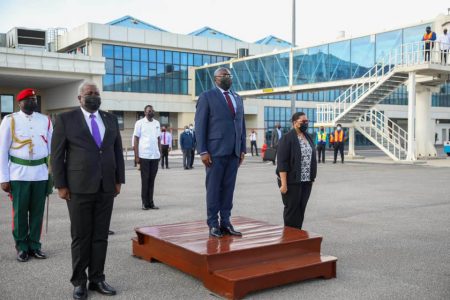 Vice President of Ghana Dr Mahamudu Bawumia landed in Guyana on Saturday for an official four-day visit aimed at aimed at furthering Guyana/Ghana bilateral relations. In a statement, the Ministry of Foreign Affairs said Dr Bawumia is leading an 18-member official delegation as well as members of the Ghanaian private sector. The ministry said that during his visit he and the delegation will engage in high-level-bilateral discussions at both the government and private sector levels, including engagements with President Irfaan Ali, Prime Minister Mark Phillips and Vice President Bharrat Jagdeo. The two sides are to sign a framework bilateral cooperation agreement and further advance the conclusion of agreements in areas of mutual interest. He is also due to meet with members of the Ghanaian diaspora and pay a visit to the University of Guyana. Vice President Bawumia’s visit follows on the heels of a recent visit to Ghana by Jadgeo for wide ranging discussions in relation to several areas of mutual concern to Guyana and Ghana. (Department of Public Information photo) 