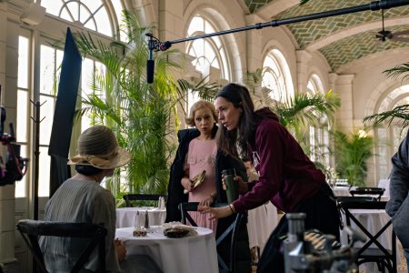 Tessa Thompson (left) and Ruth Negga being directed by Rebecca Hall (right) on-set in Passing