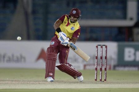 Left-hander Nicholas Pooran on the attack during his sparkling 64 off 37 deliveries against Pakistan in the 3rd Twenty20 International