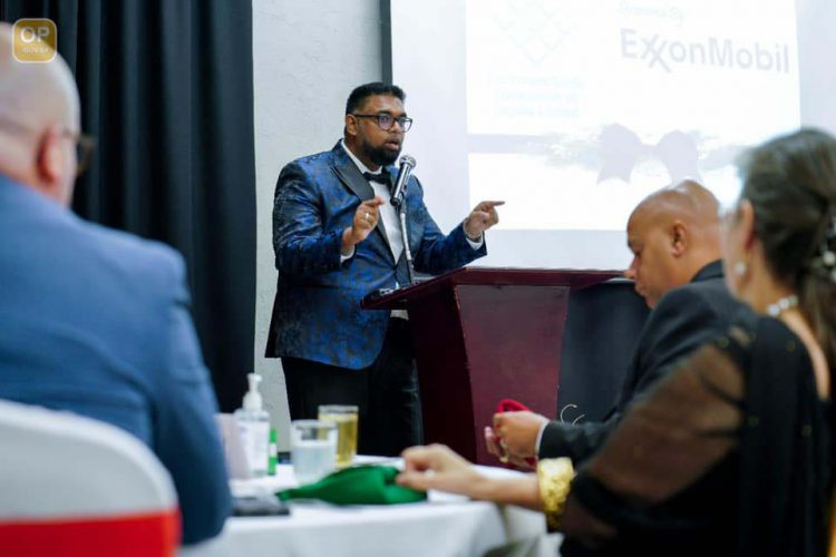 President Irfaan Ali speaking at the dinner