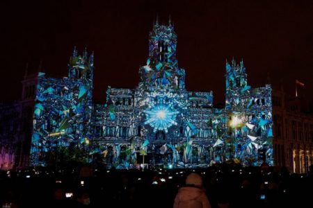 A light show is projected on the facade of Madrid's City Hall on occasion of the Christmas festivities in Madrid, Spain, Saturday. EPA-Yonhap