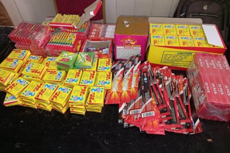 During an exercise yesterday between 1 pm and 1.30 pm, a party of policemen went to the Mon Repos Market area and a quantity of fireworks and squibs were seized. A 22-year-old male was also arrested in the process. The GPF is urging the public to report the sighting and sales of firecrackers and explosives to the nearest police station or via 911. (Guyana Police Force photo)