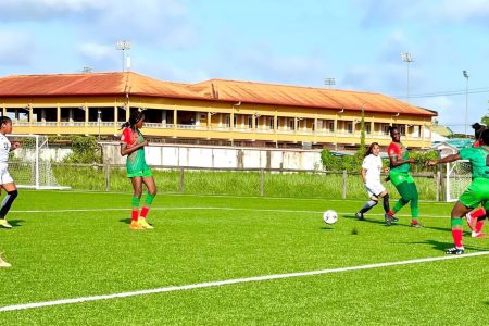 Action between GDF (green) and Upper Mazaruni in the (GFF)/GNWFA Super-16 Women’s Festival at the National Training Centre, Providence yesterday.