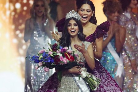 Miss Universe winner Miss India Harnaaz Sandhu reacts during the Miss Universe pageant. REUTERS/Ronen Zvulun