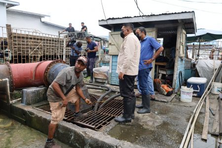 Agriculture Zulfikar Mustapha inspecting the pump located at Commerce Street yesterday (Ministry of Agriculture photo) 