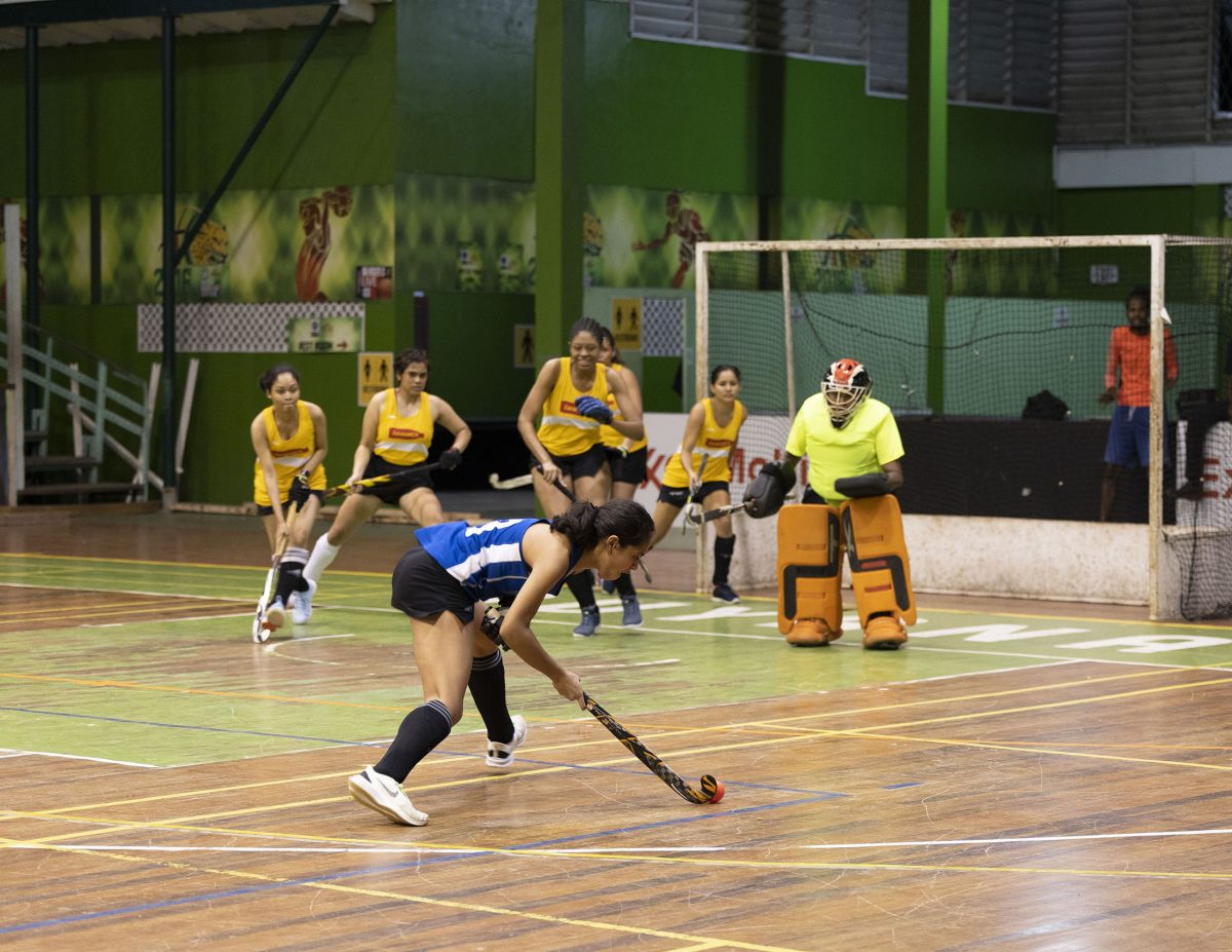 GCC Ignite’s Sarah Klautky uncorks a powerful penalty corner flick during the match against Misfits in the ExxonMobil National Indoor Hockey Championships