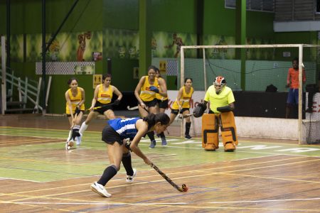 GCC Ignite’s Sarah Klautky uncorks a powerful penalty corner flick during the match against Misfits in the ExxonMobil National Indoor Hockey Championships