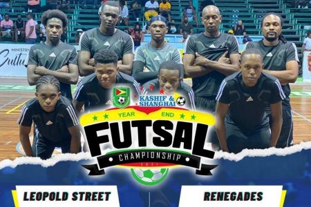 The victorious Leopold Street squad which earned a place in the semi-final of the GFF/Kashif and Shanghai Organization Futsal Championship at the Cliff Anderson Sports Hall 
