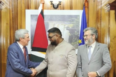 President Irfaan Ali (centre) greeting the EU’s Deputy Managing Director for the Americas, Javier Nino Pérez (left). Also in this Office of the President photo is EU Ambassador Fernando Ponz Cantó.