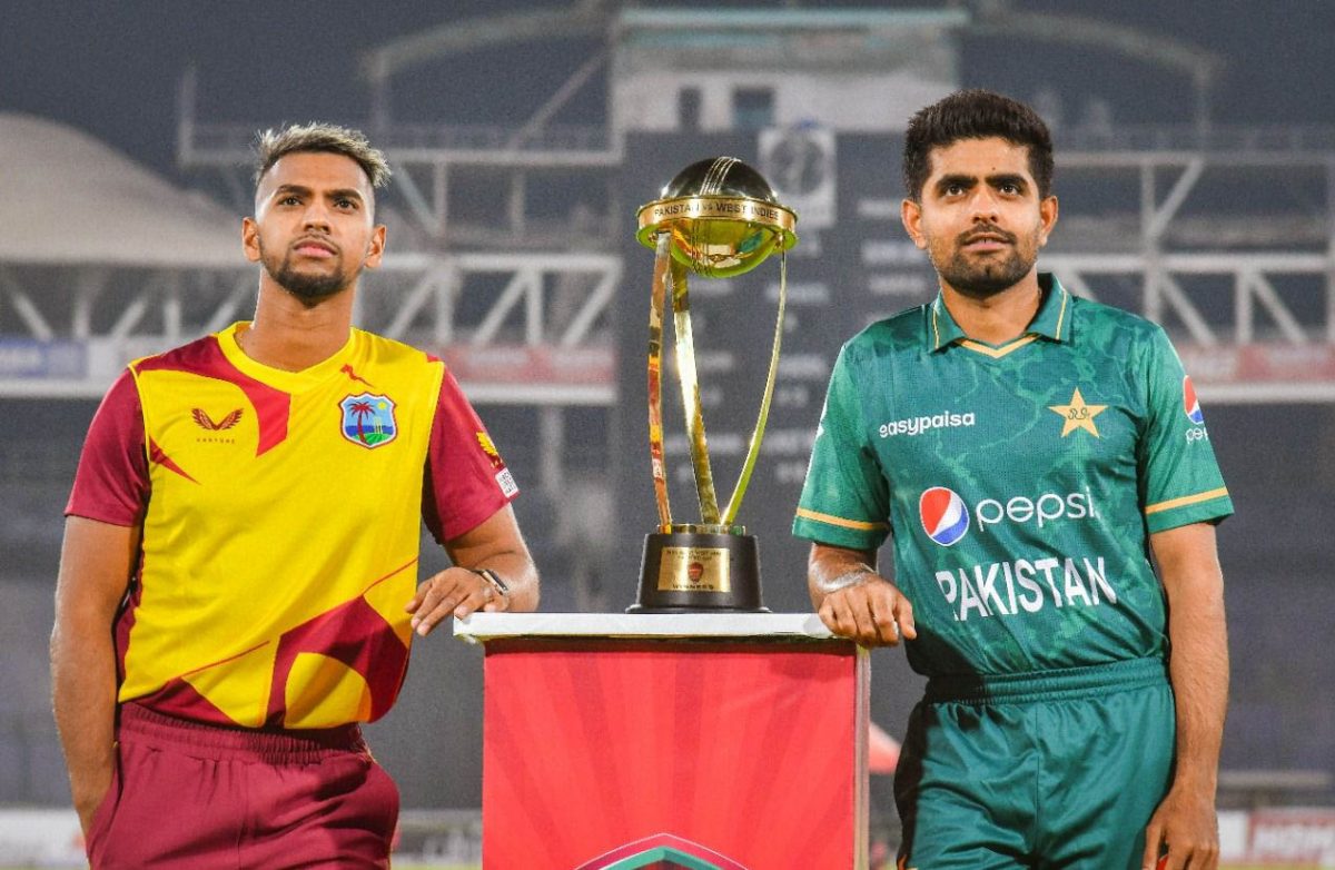 Captain Nicholas Pooran (left) and Pakistan skipper Babar Azam with the trophy at stake.