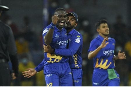 West Indies fast bowler Jayden Seales celebrates one of his wickets against Galle Gladiators yesterday. 