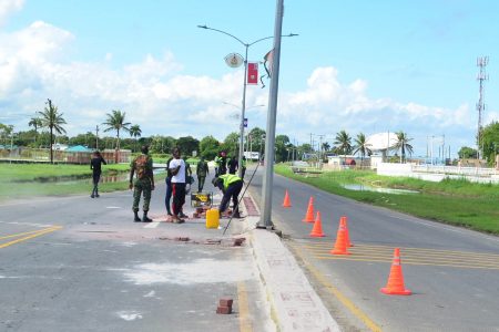 The median along Carifesta Avenue is being tiled by the Guyana Defence Force. The area was first cleared of grass and earth.  It was first thought that ornamentals would be planted along the median.