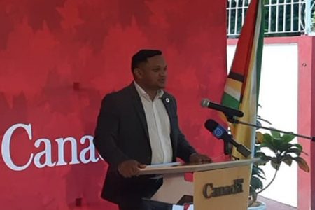 Minister of Natural Resources Vickram Bharrat addressing the Canada/Guyana Chamber of Commerce (CGCC)-hosted ‘Cocktails and Conversations’ event