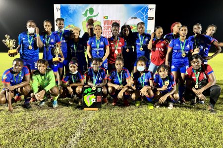 Newly-crowned GNWFA Super-16 Festival champion, GPF posing with their spoils following their victory over GT Panthers in the final