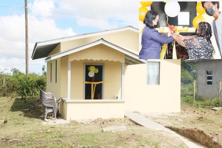 Ruthel Henry’s new house at Glasgow New Housing Scheme. Inset photo shows Henry, her son and Minis-ter within the Ministry of Housing and Water Susan Rodrigues cutting a ribbon at the handing over ceremony on Friday. (Ministry of Housing and Water photos) 