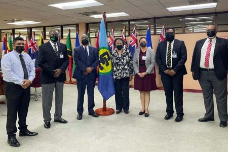 Head of the Guyana Oil and Gas Energy Chamber Manniram Prashad and CARICOM Secretary General Dr Carla Barnett flanked by local private sector representatives at Thursday’s meeting, which was held at the CARICOM Secretariat Liliendaal, Georgetown. 