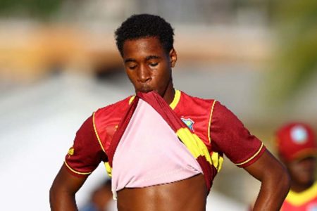 Fast bowler McKenny Clarke cuts a dejected figure following West Indies Under-19s defeat to Sri Lanka Under-19s yesterday. 