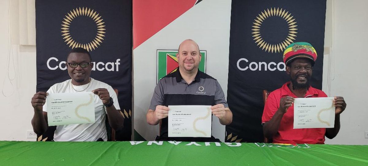 Licensed to Train! From left to right- Assistant Technical Director Bryan Joseph, Technical Director Ian Greenwood and Coaching Mentor Linsworth Gilbert displaying their recently acquired Concacaf B Coaching License
