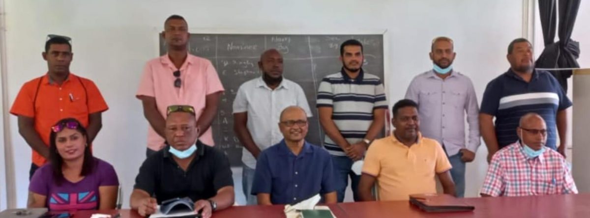 Standing from left to right: Khemraj Surejpaul (Trustee), Mustapha Zaman (Assistant Secretary), Sheman Austin (Marketing Manager), Shazim Nasrudeen (Treasurer), Kumar Dass (Chairman-Competitions Committee) and Ernesto De Matlos (Trustee).
Sitting from left to right: Miss Wazeeda Bacchus (Public Relations Officer), Elroy Stephney (Vice President), Deleep Singh (President), Trevis Simon (Secretary) and Adjhodia Lall (Assistant Treasurer).