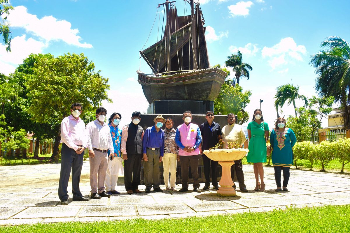 Dr Yesu Persaud (fifth from left) at the Monument Garden with Indian High Commissioner to Guyana Dr. K.J. Srinivasa (seventh from left) 
