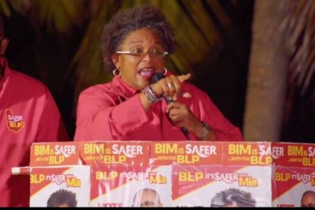 Mia Mottley speaking at a campaign meeting (Antiguanewsroom photo)