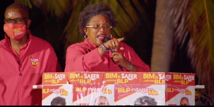 Mia Mottley speaking at a campaign meeting (Antiguanewsroom photo)