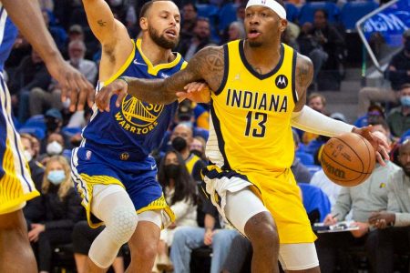 Indiana Pacers forward Torrey Craig (13) drives past Golden State Warriors guard Stephen Curry (30) during the first quarter at Chase Center. Mandatory Credit: D. Ross Cameron-USA TODAY Sports