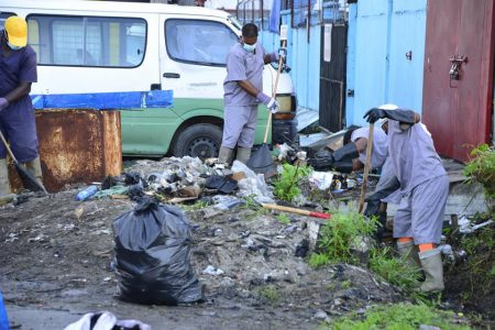 Prisoners participating in the clean-up effort at Orange Walk, Georgetown yesterday on day two of the city beautification campaign. (GDF photo)