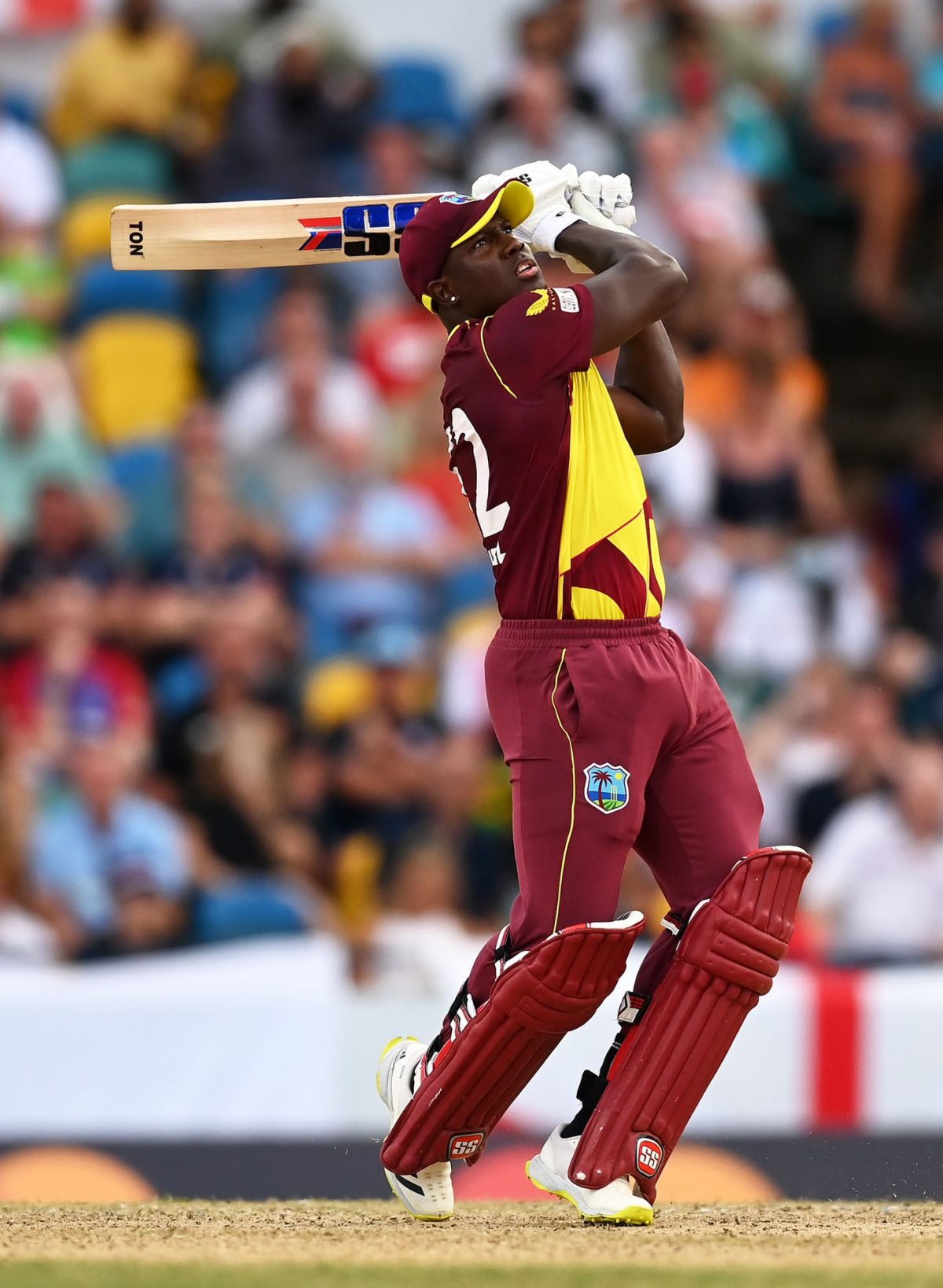 Rovman Powell on the attack during his breathtaking ton against England Wednesday in Barbados.