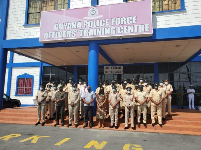 Minister of Home Affairs Robeson Benn (centre in front row) and Permanent Secretary of the Ministry of Home Affairs Mae Thomas (third from right in front row) pose with the Joint Services heads including Director of Prisons (ag) Nicklon Elliot and senior officers participating in the conference.
