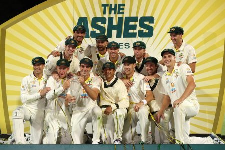 Australia’s cricketers bask in the euphoria of their 4-0 Ashes defeat of England. (photo courtesy Cricket Australia)