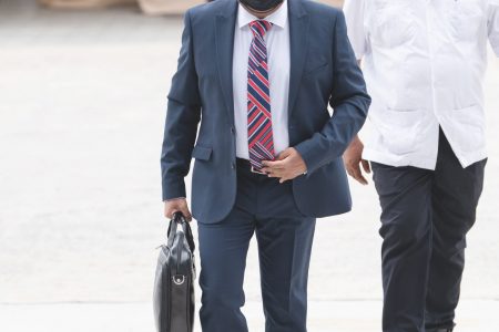 Senior Minister in the Office of the President with responsibility for Finance, Dr. Ashni Singh, arriving at the Arthur Chung Conference Centre on January 26 for the delivery of the budget. (Department of Public Information photo)
