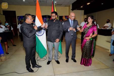 72nd Republic Anniversary: The Indian High Commission last evening held a reception to observe the country’s 72nd Republic Day Anniversary. The reception was held at the National Cultural Centre. From left are India’s High Commissioner to Guyana, Dr K J Srinivasa, President Irfaan Ali, Vice President Bharrat Jagdeo and the wife of the High Commissioner, Ashwini Srinivasa. (Photo from the Facebook page of President Irfaan Ali.)