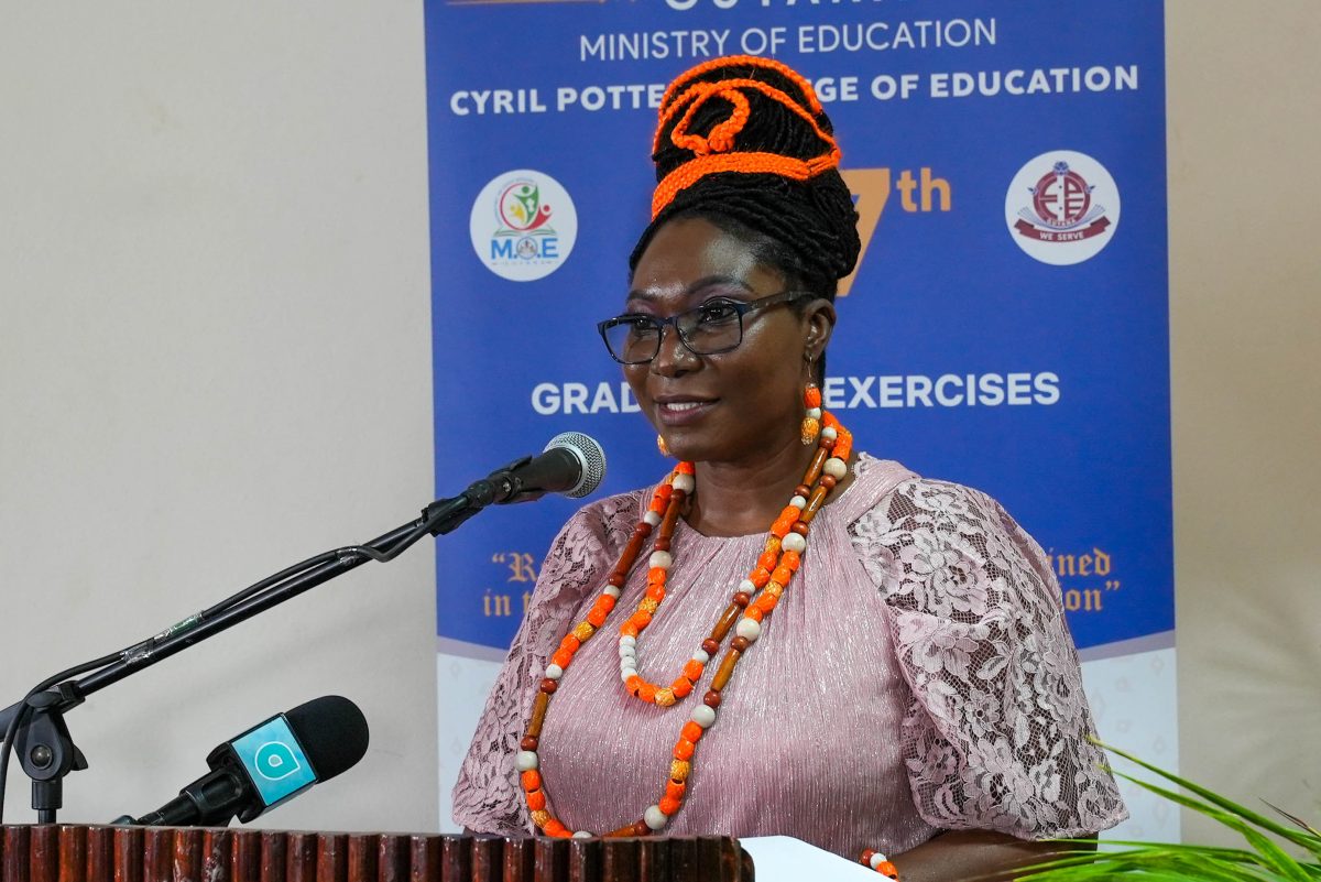 Principal of CPCE, Dr. Viola Rowe speaking at the graduation (Ministry of Education photo)