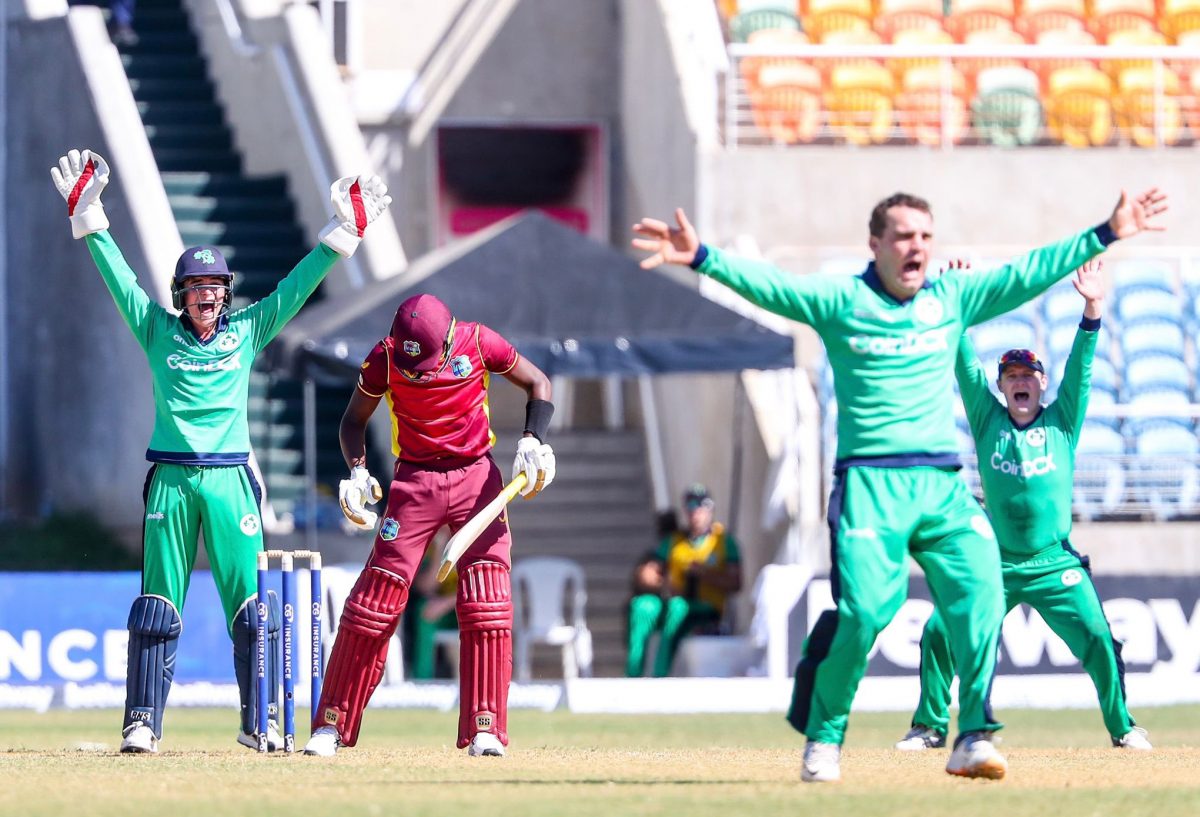 SINKING LOWER! West Indies batsman Shamarh Brooks is lbw to Player of the Match Andy Mc Brine as the West Indies team plumbed new lows by losing to a team ranked several rungs below them