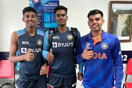 (L-R) Yash Dull (52), Siddharth Yadav (51) and Nishant Sindhu (71 not out) all scored half centuries for India Under-19