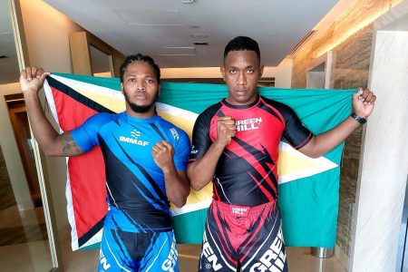 Guyana’s debutants at the recent IMMAF World Championship in UAE (from left) Carlos D’Anjou and Ijaz Cave