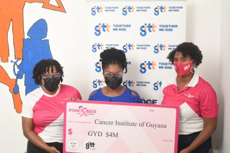 In observance of World Cancer Day, which was observed on Friday under the theme ‘Closing the Care Gap’, GTT donated $4 million from its Pinktober funds to the Cancer Institute of Guyana for cancer screening, diagnosis and treatment. In a statement, GTT’s Pinktober Coordinator, Diana Gittens, explained that the Cancer Institute of Guyana will provide the services and treatment, while the Oncology Unit at the Georgetown Public Hospital (GPH) would identify patients to access the services as it has done in the past. “Through the Pinktober funds we have been working constantly to close the care gap by facilitating access to education, pap smear screening, diagnostic testing, treatment, and palliative care throughout the regions,” she said. Chief Executive Officer of the Cancer Institute of Guyana, Dr Suddhasattwa Ray, thanked GTT for its yearly donation through its Pinktober initiative. Dr Ray highlighted that in 2021, 35 cancer patients benefitted from radiation treatment and CAT scans through the previous $4 million Pinktober donation. In addition to GTT’s donation, two patients identified by the Oncology Unit at the GPH also benefitted directly from Pinktober donations of $200,000 each. The handover was facilitated by GTT’s Pinktober donors - GUYOIL and the Guyana Public Service Credit Union. In photo from left are Jasmin Harris, GTT’s Senior Public Relations Manager, M. Harry, Cancer Institute of Guyana representative, and Diana Gittens, GTT’s Pinktober Coordinator. (GTT photo) 