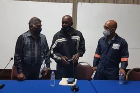 Paria's general manager Mushtaq Mohammed, chairman Newman George, and terminal operations manager Collin Piper at yesterday's press conference. 