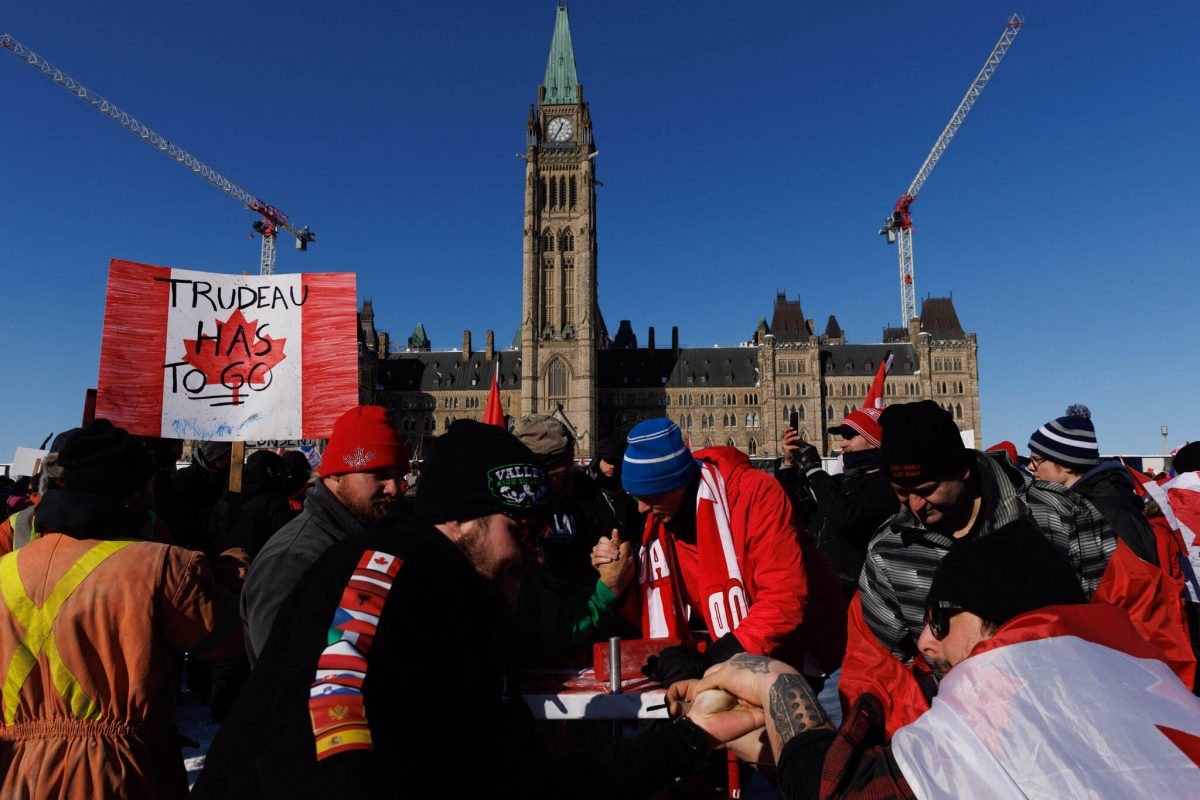 Protesters around Parliament Hill in downtown Ottawa on Saturday. (Nasuna Stuart-Ulin for The New York Times)