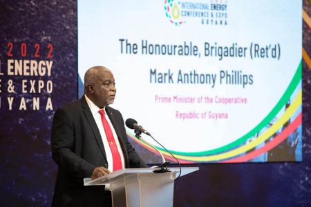 Prime Minister Mark Phillips addressing the oil and gas conference (Office of the Prime Minister photo)
