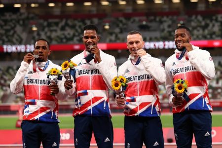 The British 4x400m team with Chijindu Ujah at extreme left. (Reuters photo)
