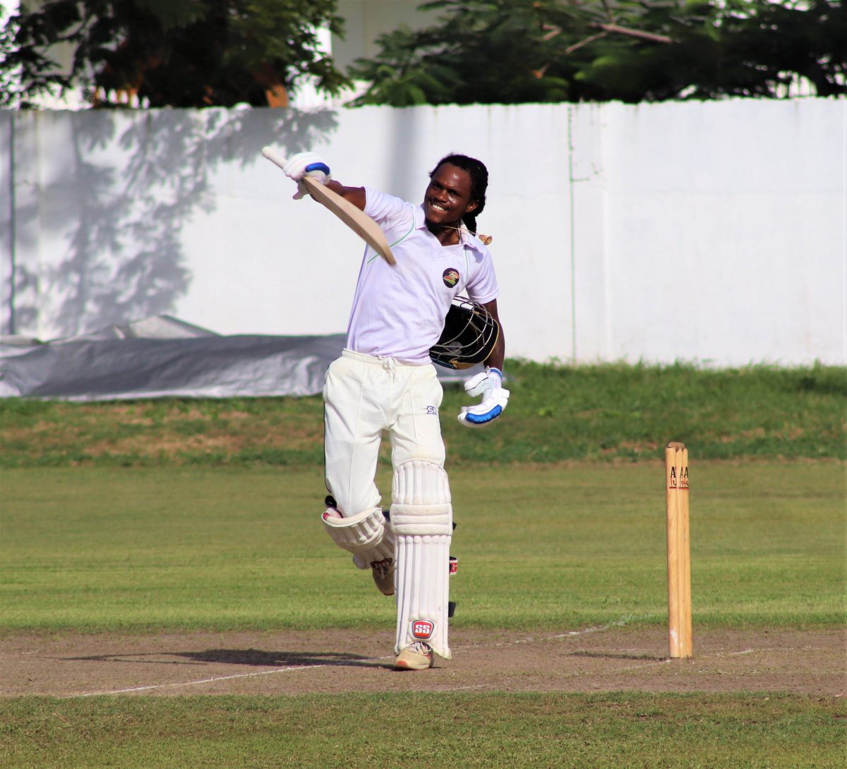 Trevon Griffith smashed an even 300 on the opening day of the Georgetown Cricket Association GISE/Star Party Rental/Trophy Stall first-division final last weekend, the first triple century in 39 years at this level (Romario Samaroo photo)