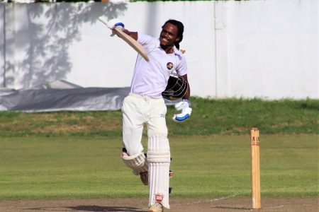 Trevon Griffith smashed an even 300 on the opening day of the Georgetown Cricket Association GISE/Star Party Rental/Trophy Stall first-division final last weekend, the first triple century in 39 years at this level (Romario Samaroo photo)