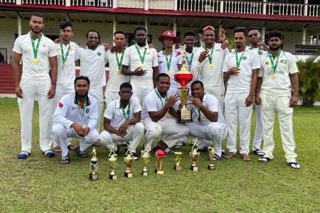 Demerara Cricket Club reigned supreme to lift their third consecutive Georgetown Cricket Association/GISE/Star Party Rental/Trophy Stall two-day First-division title (Romario Samaroo photo)
