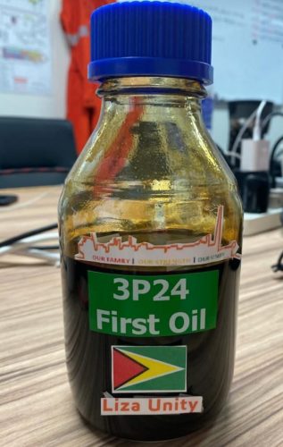 The first sample of oil from the Liza Unity